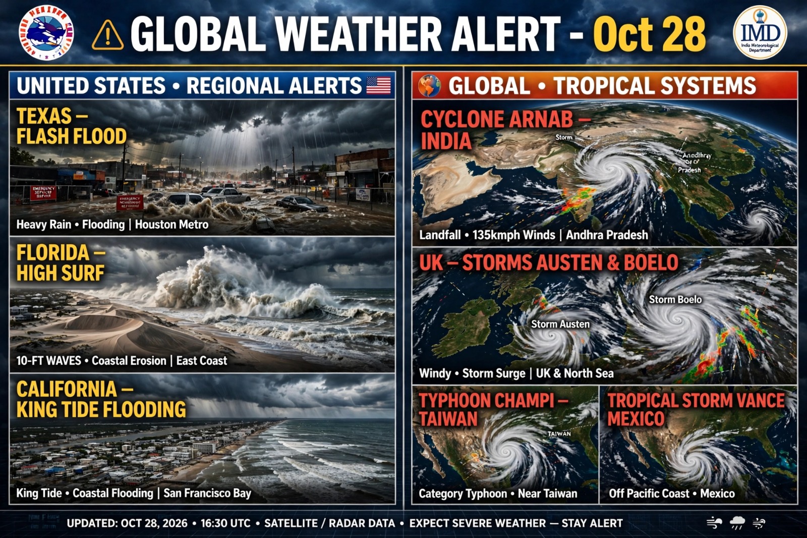USA ON EDGE TODAY: Texas Flash Flood Alert from Tropical Storm Vance, Florida & California Coastal Flooding, 11 States Early Snow Alert | GLOBAL ALERT: Cyclone Arnab Landfall in India, UK Storms Austen & Boelo, Typhoon Champi Near Taiwan - Oct 28 Live Update