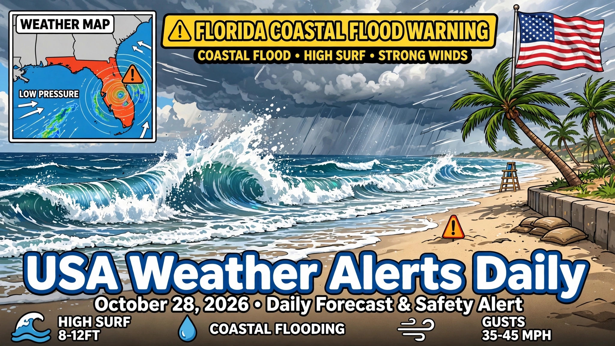 USA Weather Alerts Daily October 28 2026 - Florida Coastal Flood Warning High Surf Alert Today