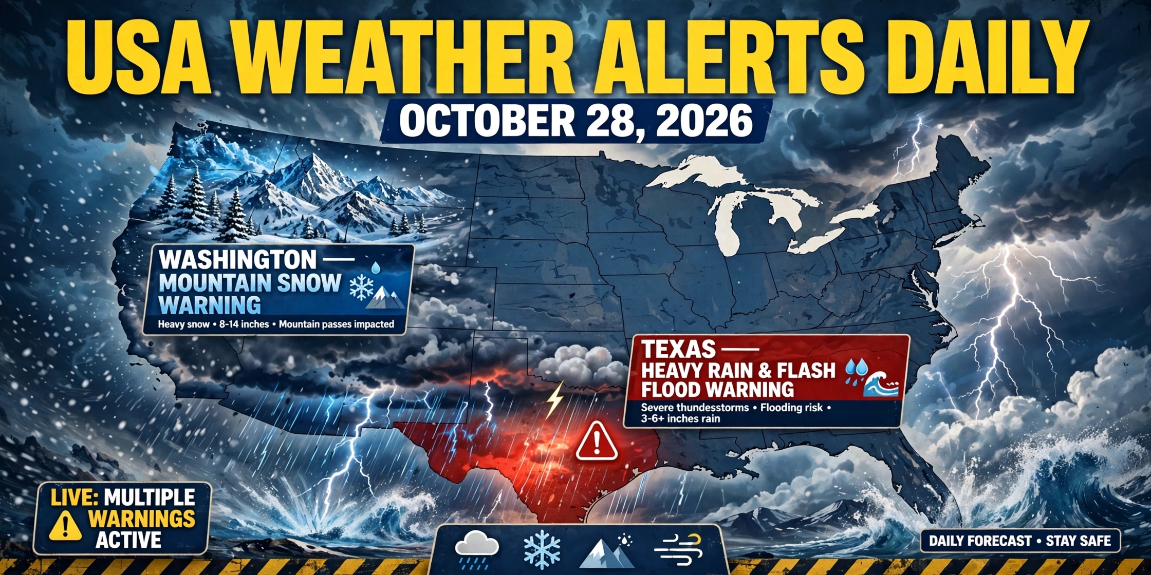 USA Weather Alerts Daily October 28 2026 - Texas Flash Flood & Washington Mountain Snow Warning