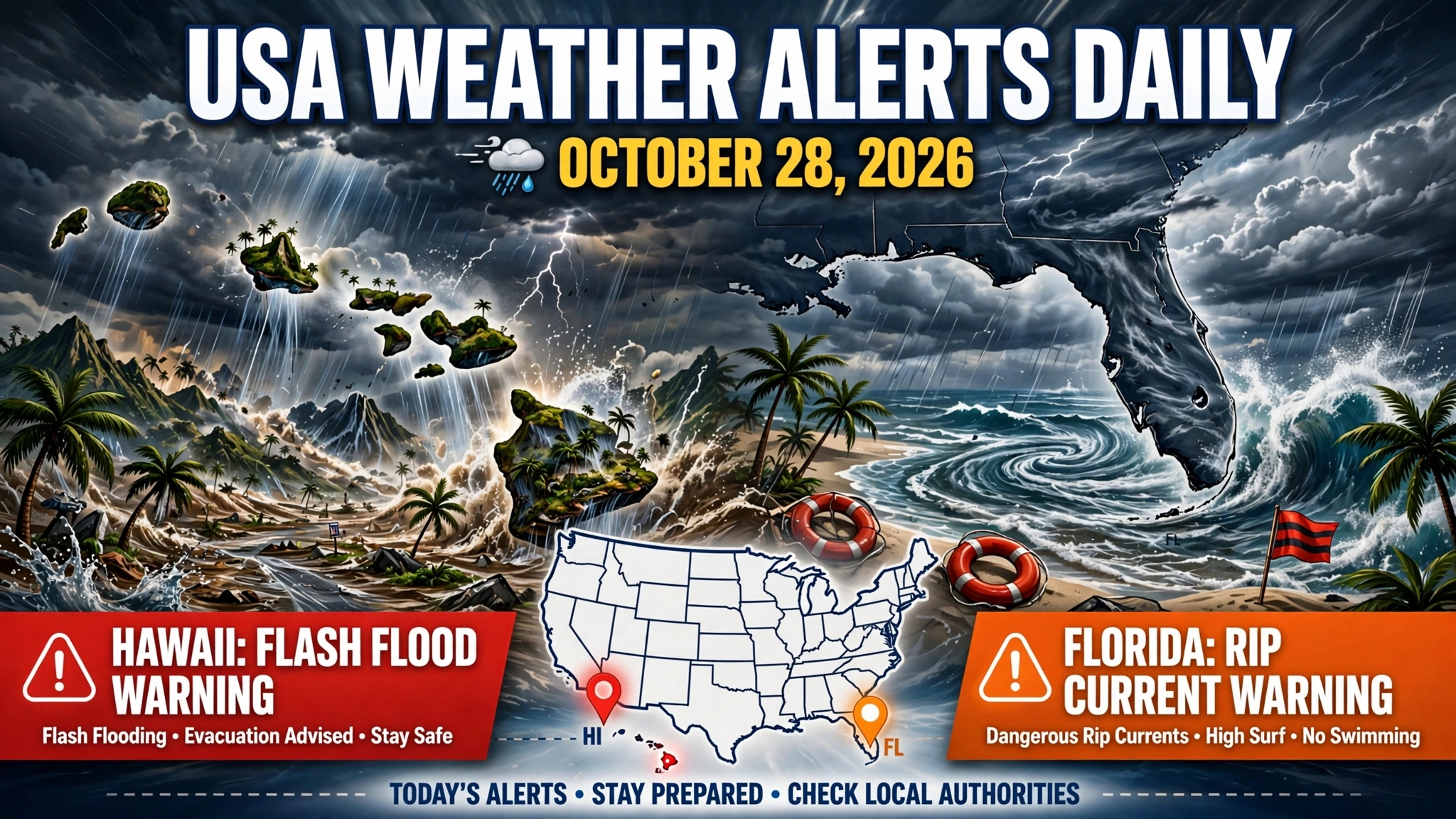 USA Weather Alerts Daily October 28 2026 - Hawaii Flash Flood & Florida Rip Current Warning Today