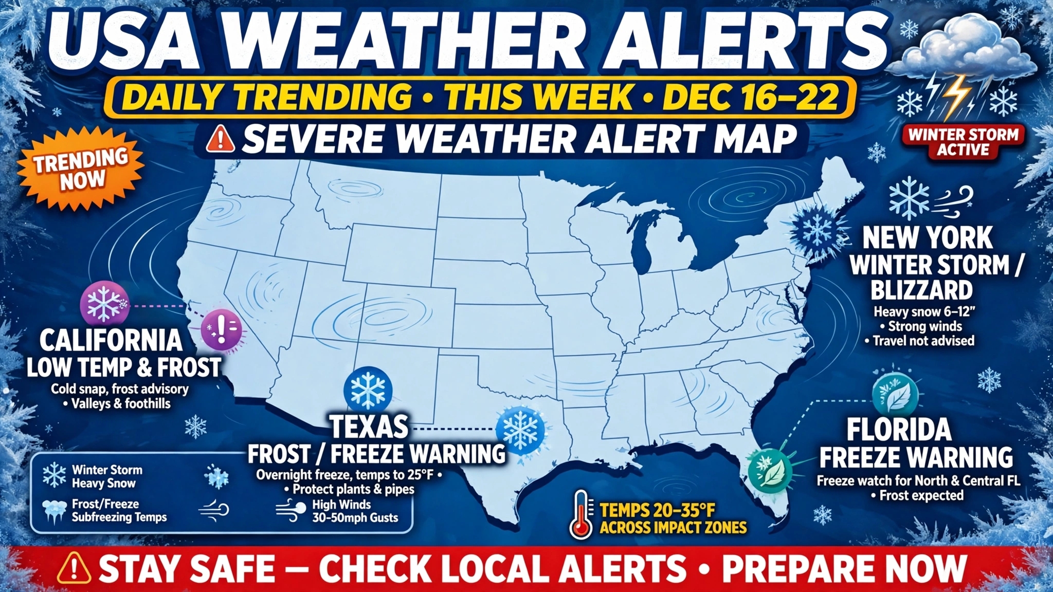 USA Weather Alerts Daily Trending This Week Dec 16-22 - Severe Weather Alert Map - California Low Temp & Frost Advisory - Texas Frost Freeze Warning Overnight 25°F - Florida Freeze Warning - New York Winter Storm Blizzard Heavy Snow 6-12 Inch - Temps 20-35°F Across Impact Zones