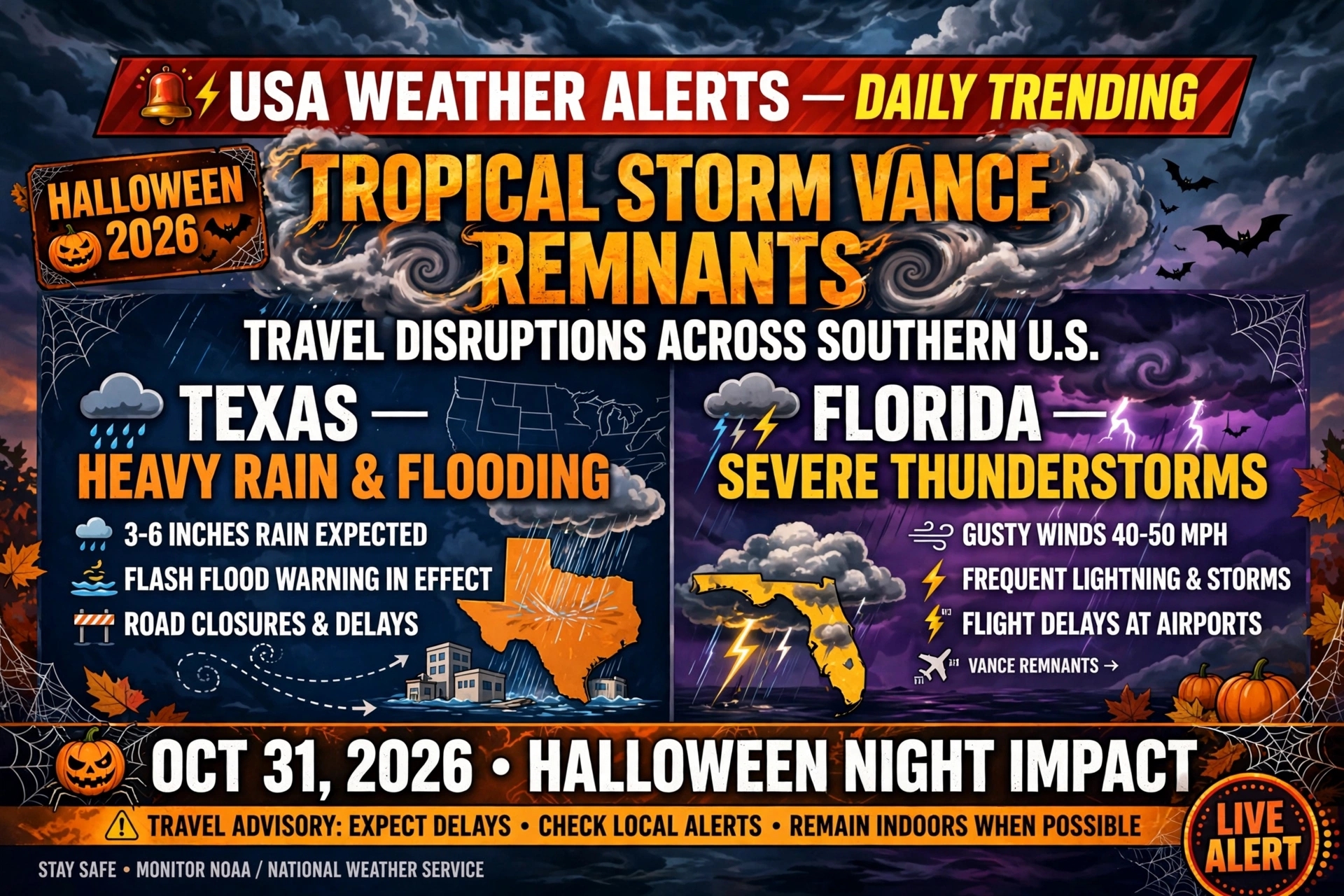 USA Weather Alerts Daily Trending - Halloween 2026 Tropical Storm Vance Remnants Travel Disruptions Across Southern U.S. - Texas Heavy Rain & Flooding 3-6 Inches Flash Flood Warning Road Closures - Florida Severe Thunderstorms Gusty Winds 40-50 MPH Flight Delays At Airports - Oct 31 2026 Halloween Night Impact