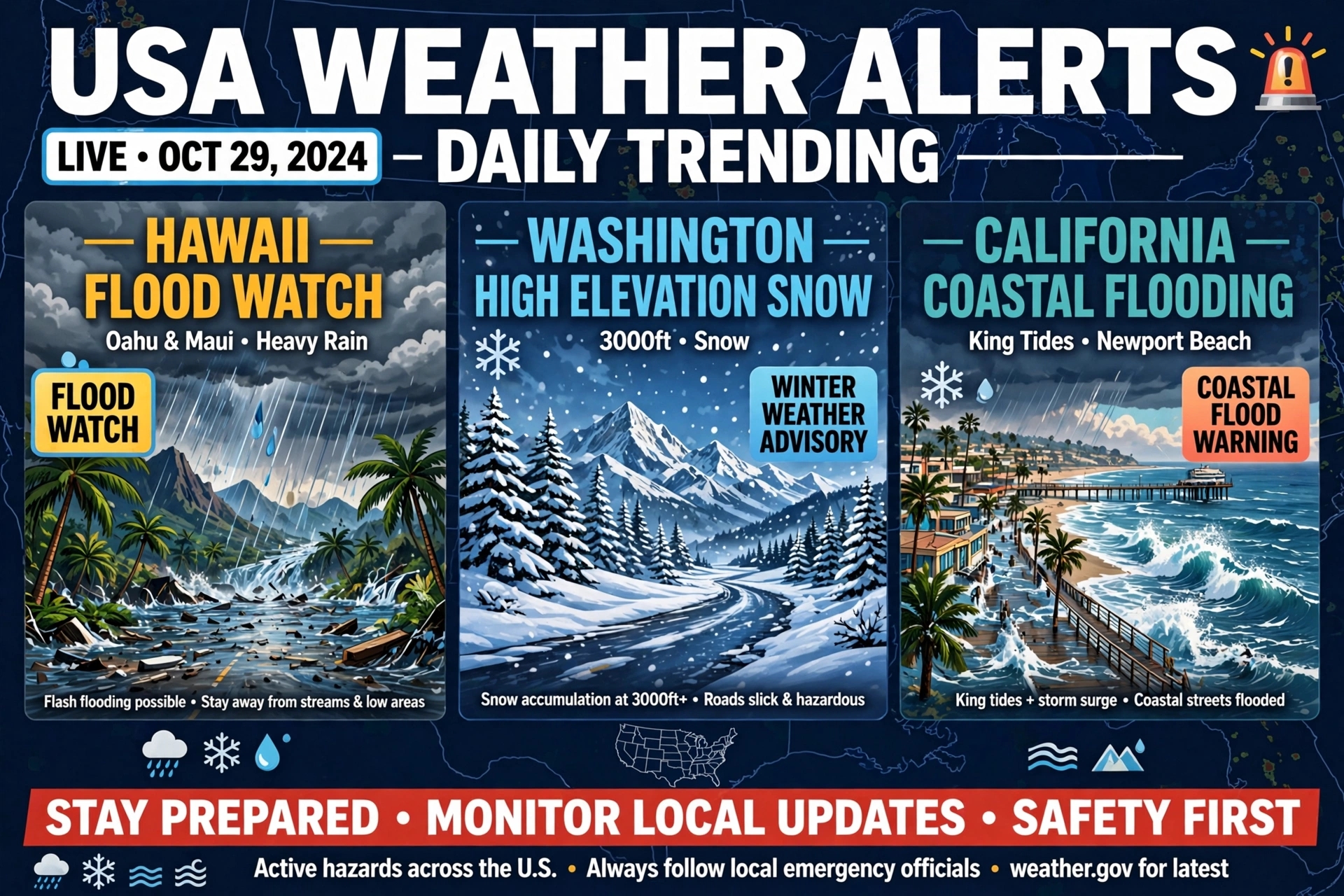 USA Weather Alerts Daily Trending Live Oct 29 2026 - Hawaii Flood Watch Oahu & Maui Heavy Rain Flash Flooding Possible - Washington High Elevation Snow 3000ft Winter Weather Advisory Roads Slick & Hazardous - California Coastal Flooding King Tides Newport Beach Coastal Streets Flooded - Stay Prepared Monitor Local Updates Safety First