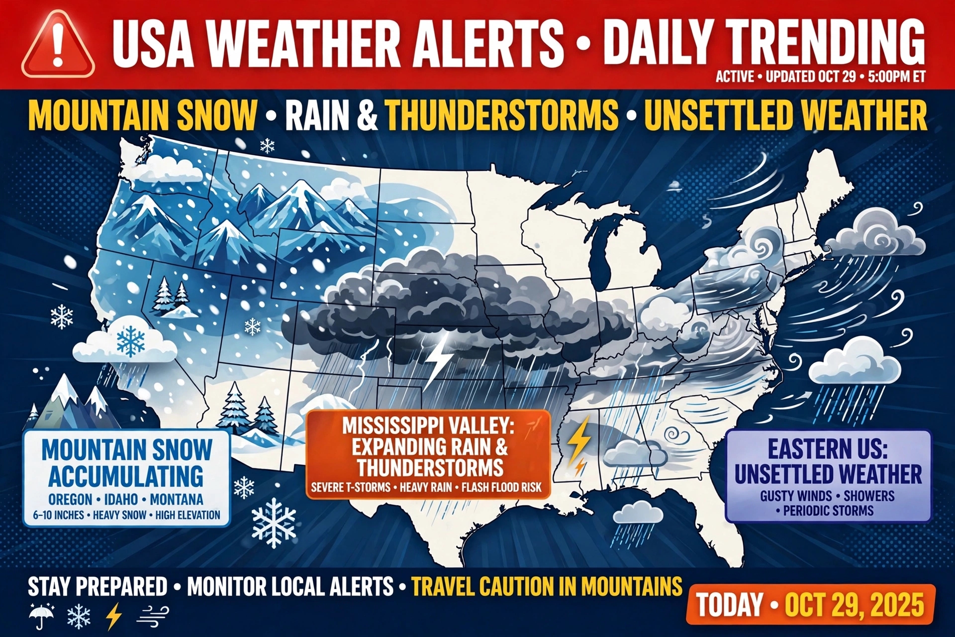 USA Weather Alerts Daily Trending Active Updated Oct 29 5PM ET Mountain Snow Rain & Thunderstorms Unsettled Weather - Mountain Snow Accumulating Oregon Idaho Montana 6-10 Inches Heavy Snow High Elevation - Mississippi Valley Expanding Rain & Thunderstorms Severe T-Storms Heavy Rain Flash Flood Risk - Eastern US Unsettled Weather Gusty Winds Showers Periodic Storms