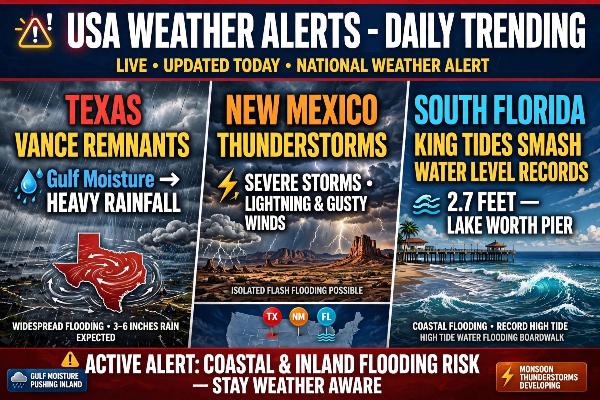 USA Weather Alerts Daily Trending Live Updated Today National Weather Alert - Texas Vance Remnants Gulf Moisture Heavy Rainfall Widespread Flooding 3-6 Inches Rain Expected - New Mexico Thunderstorms Severe Storms Lightning & Gusty Winds Isolated Flash Flooding Possible - South Florida King Tides Smash Water Level Records 2.7 Feet Lake Worth Pier Coastal Flooding Record High Tide