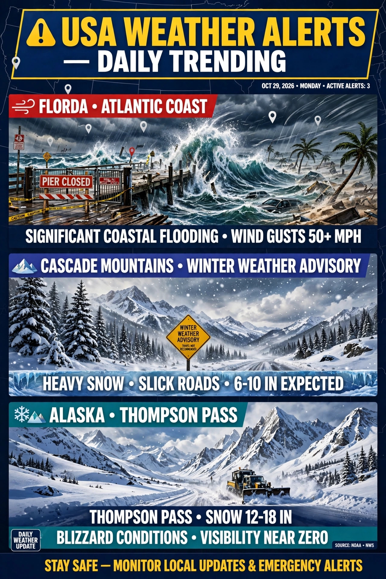 USA Weather Alerts Daily Trending Oct 29 2026 Monday Active Alerts 3 - Florida Atlantic Coast Significant Coastal Flooding Wind Gusts 50+ MPH Pier Closed Juno Beach - Cascade Mountains Winter Weather Advisory Heavy Snow Slick Roads 6-10 In Expected - Alaska Thompson Pass Snow 12-18 In Blizzard Conditions Visibility Near Zero