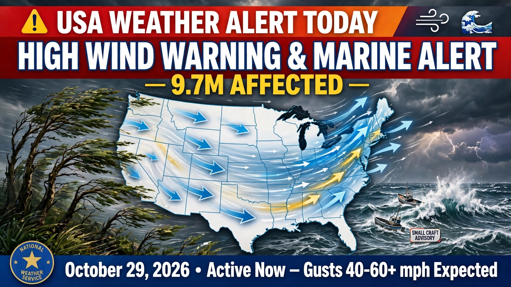 USA Weather Alert Today: High Wind Warning & Marine Alert - 9.7M Affected