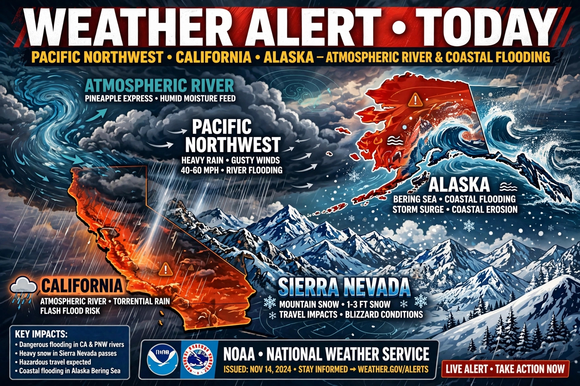 USA Weather Alert Today California Rain Sierra Snow Alaska Coastal Flood