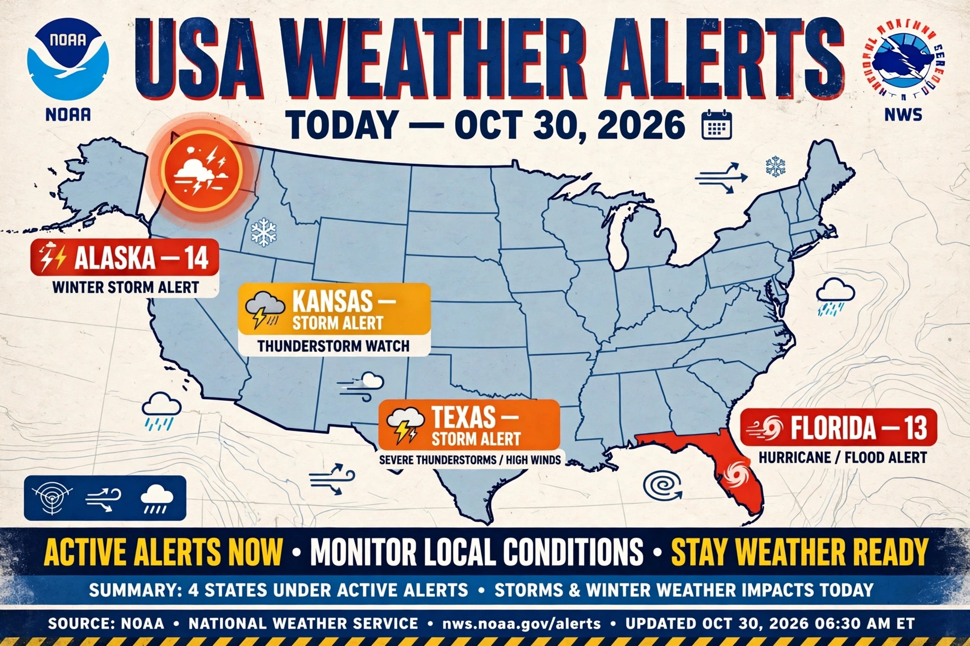USA Weather Alerts Today Map Alaska 14 Florida 13 Texas Kansas Storms