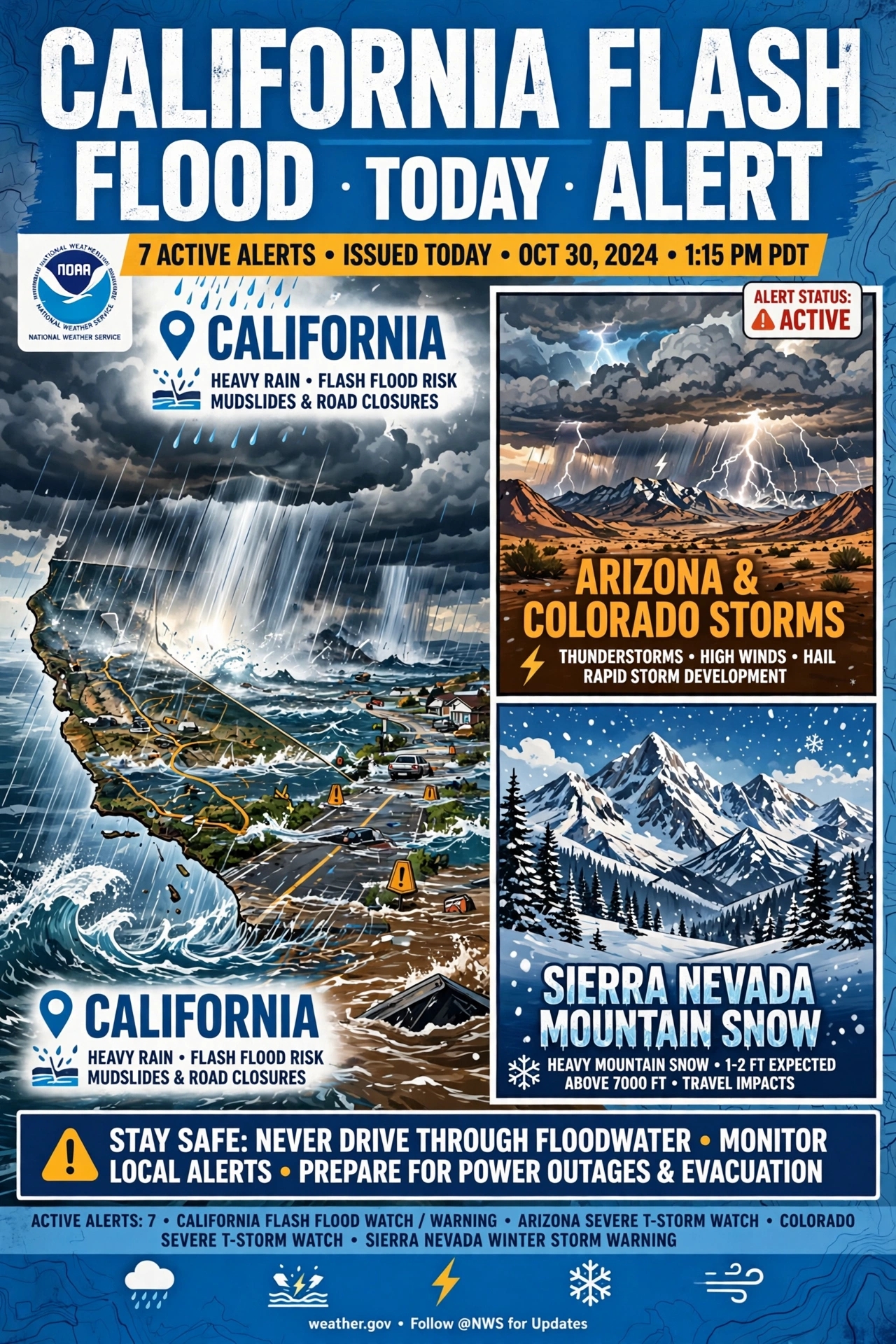 California Flash Flood Alert Today 7 Active Alerts Sierra Snow Risk
