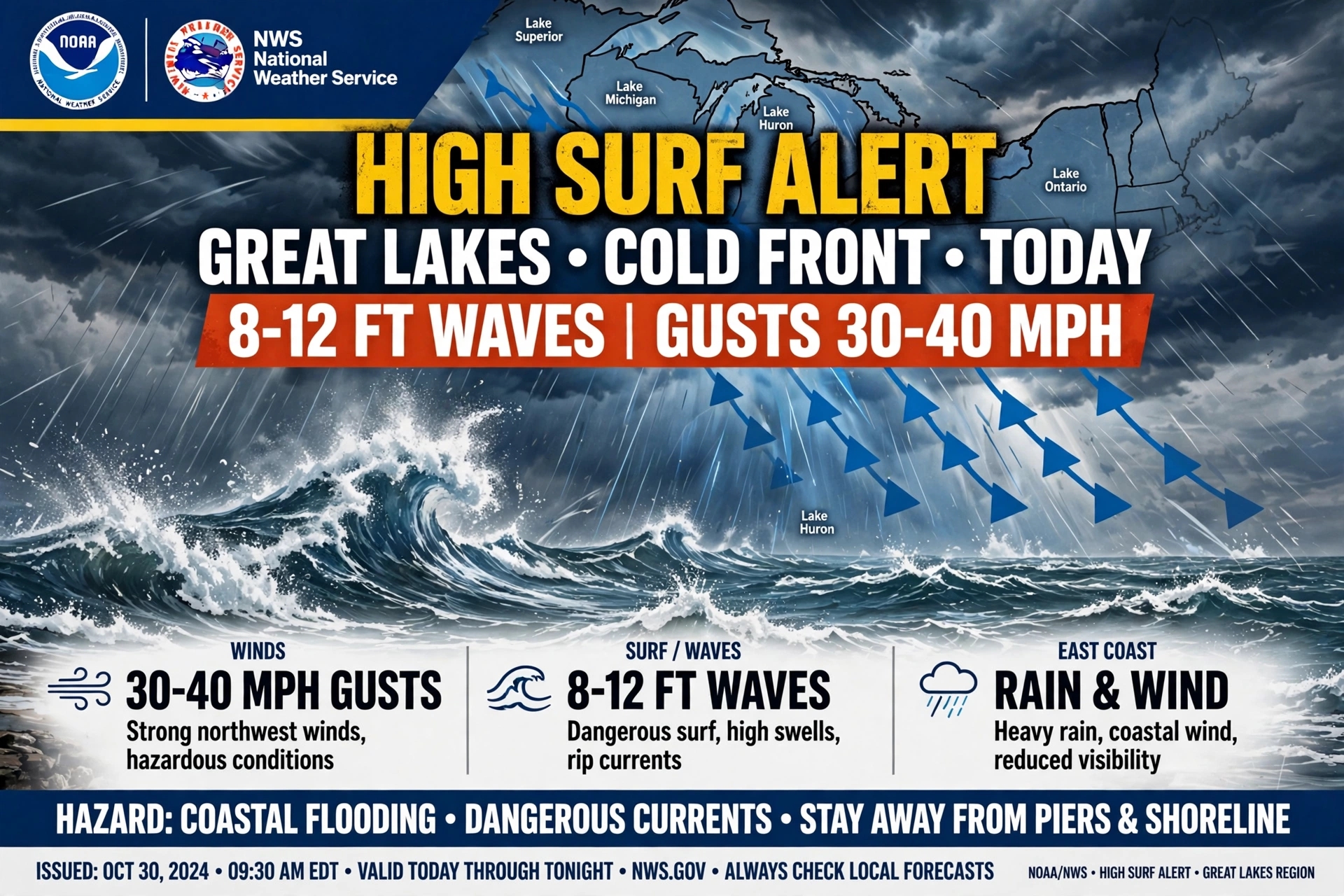 Great Lakes High Surf Alert Today Cold Front 8-12 Ft Waves Gusts