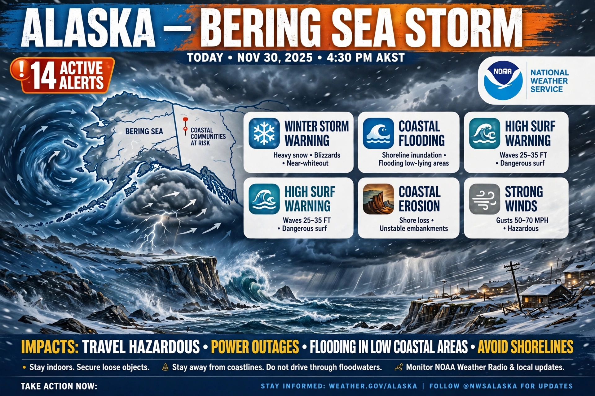 Alaska Bering Sea Storm Today 14 Active Alerts Coastal Flood High Surf