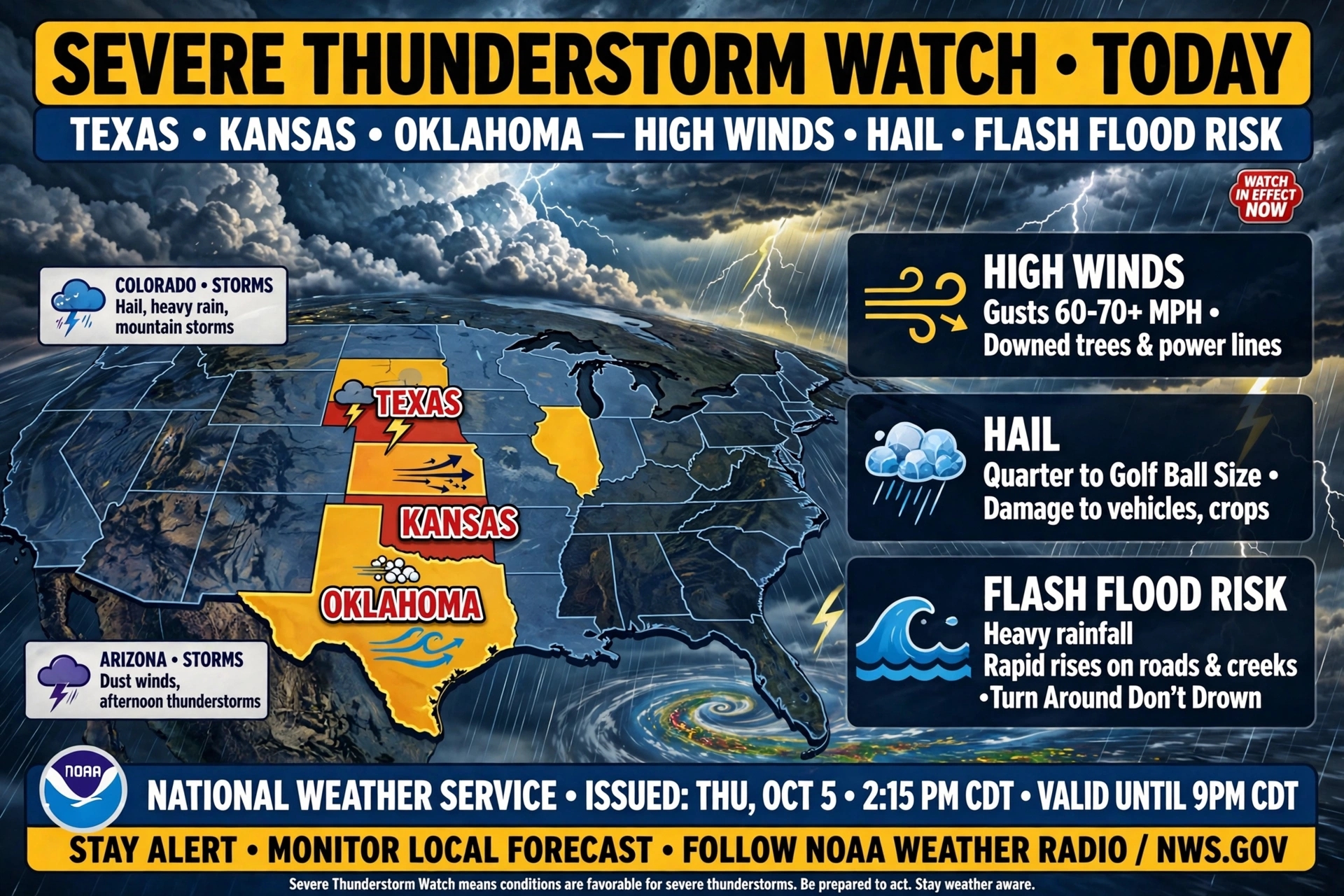 Severe Thunderstorm Watch Today Texas Kansas Oklahoma High Winds