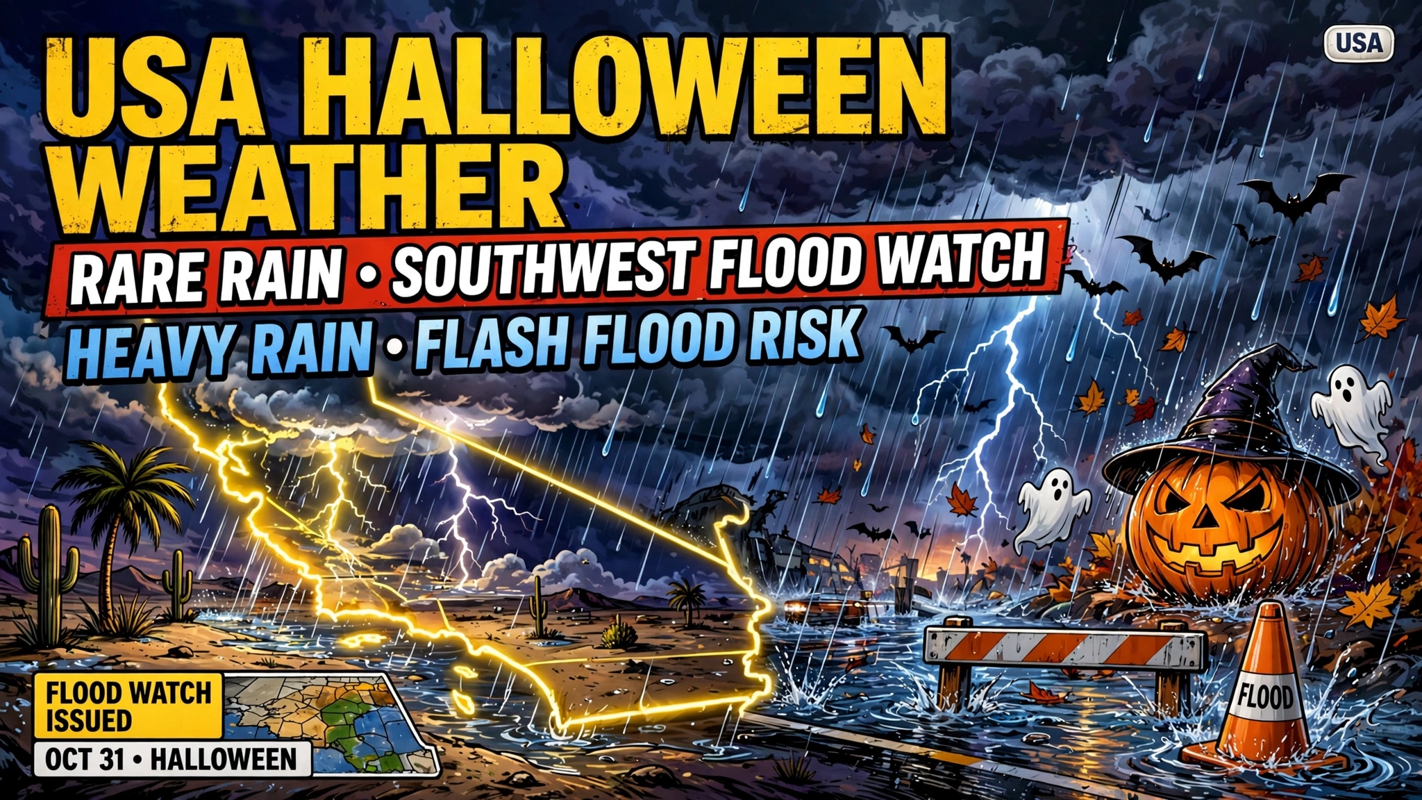 USA Halloween Weather Today Rare Rain California Flood Watch