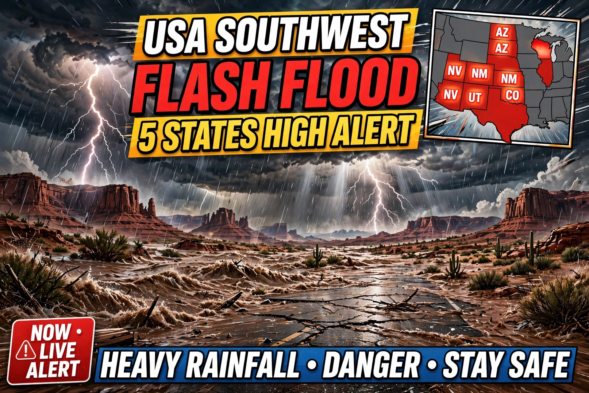 USA Southwest Flash Flood Warning 5 States High Alert Today